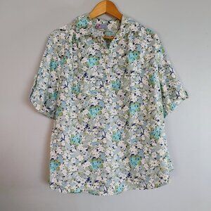 David Peet Floral Blue White Green Button Up Short Sleeve Shirt Cotton Blend